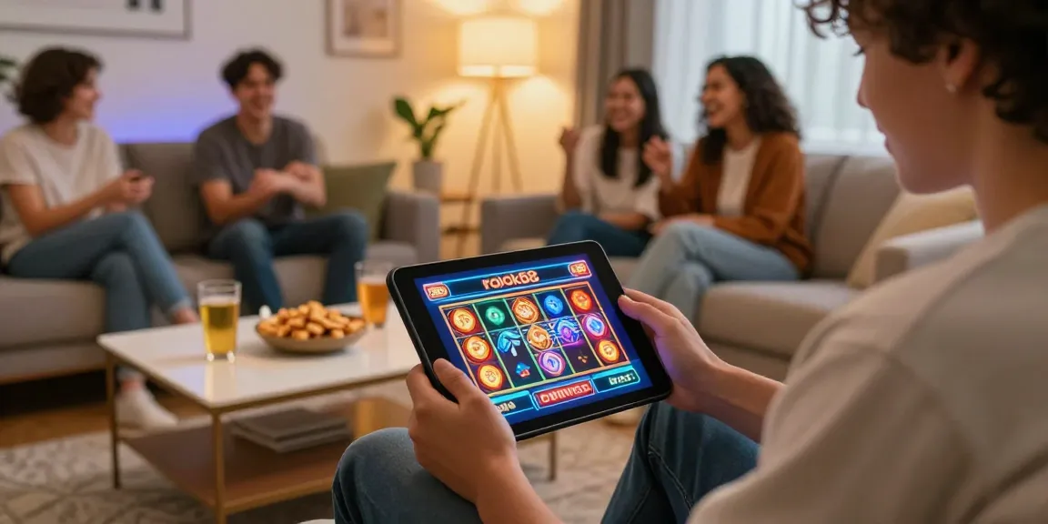 Engaging moment with rokok88 slot game on a tablet in a cozy living room.