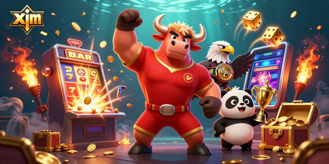 Experience excitement at xim with a muscular bull mascot celebrating a big slot win beside a joyful panda and eagle.