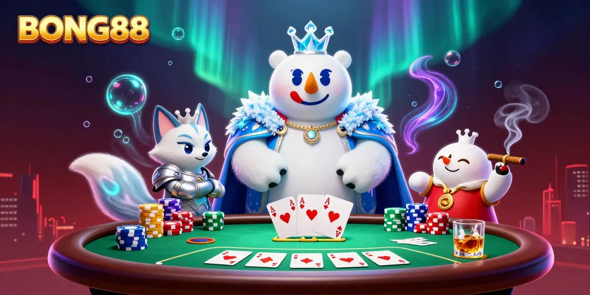 BONG88 players experience elite poker with the ice king polar bear, snow fox, and vibrant game elements.