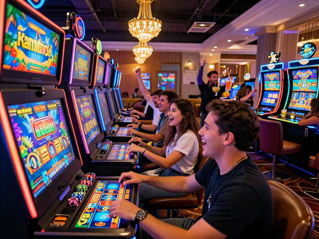 Excitement around slot kamboja games in a vibrant casino setting with players engaging and neon lights.
