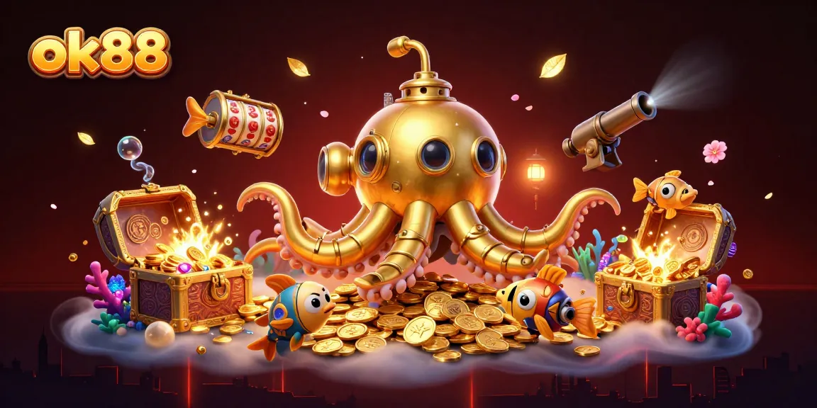 ok88 slots entertainment scene featuring a golden kraken submarine with mechanical fish, vibrant treasure elements.