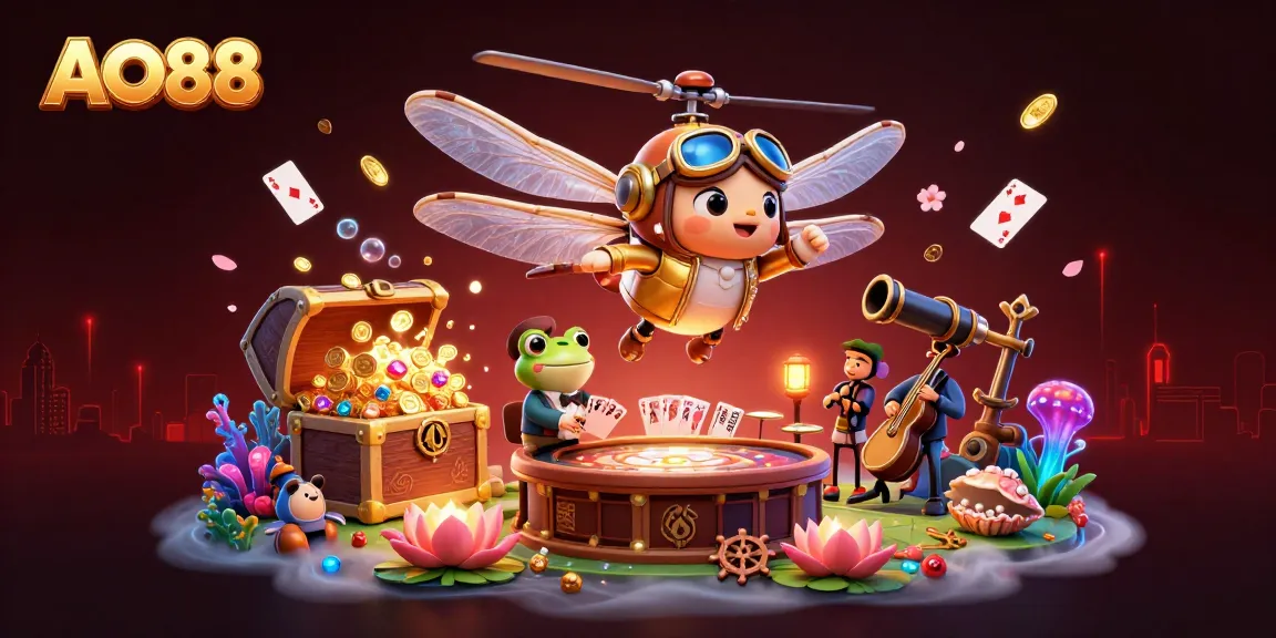 Engage in exciting gaming at AO88 with a dragonfly pilot, frog dealer, and jazz musicians.