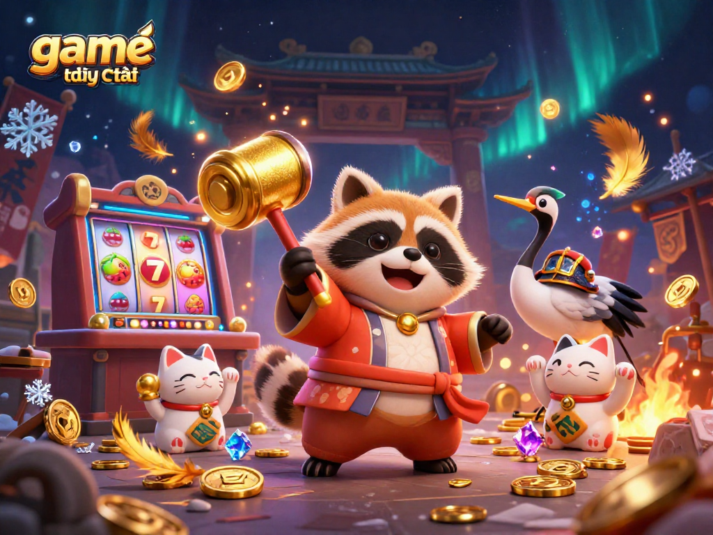 Play exciting slots with game đổi thưởng uy tín featuring a tanuki and samurai crane in this animated casino scene.