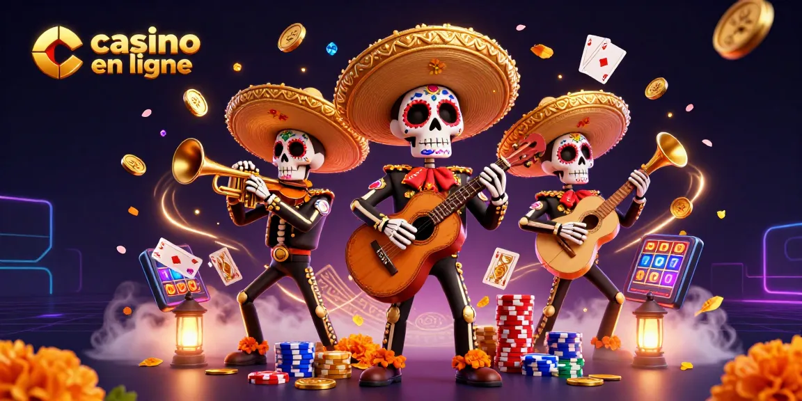 Jouez au casino en ligne avec cette illustration vibrante mettant en scène des squelettes mariachi et des éléments de jeu.