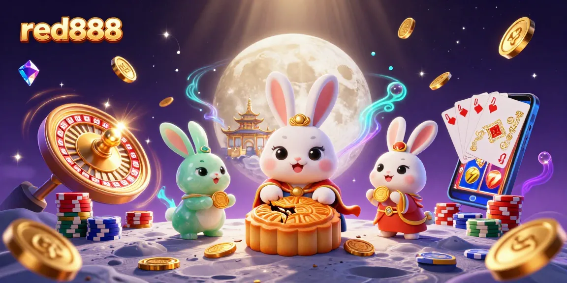 Experience gaming thrills with red888 as a moon rabbit pounds mooncakes revealing poker chips.