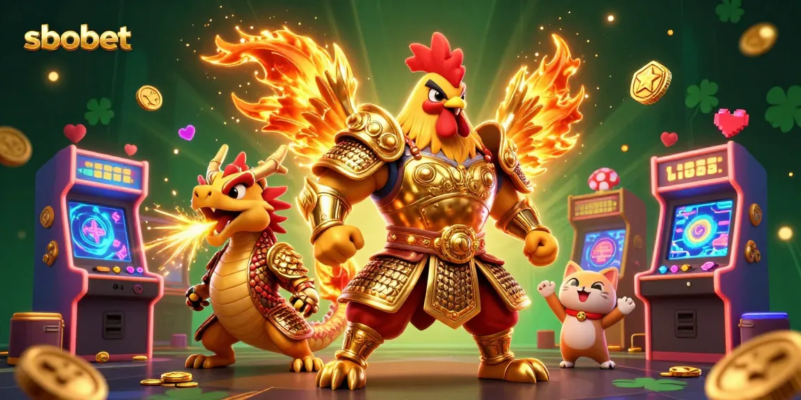 Engage with sbobet's dynamic features featuring a majestic fighting rooster and dragon in a vibrant casino setting.