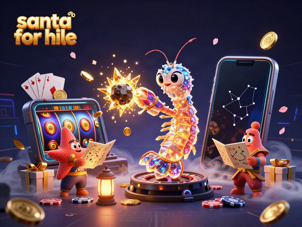 Experience the excitement of hiring Santa for events with a vibrant casino-themed illustration featuring festive elements.