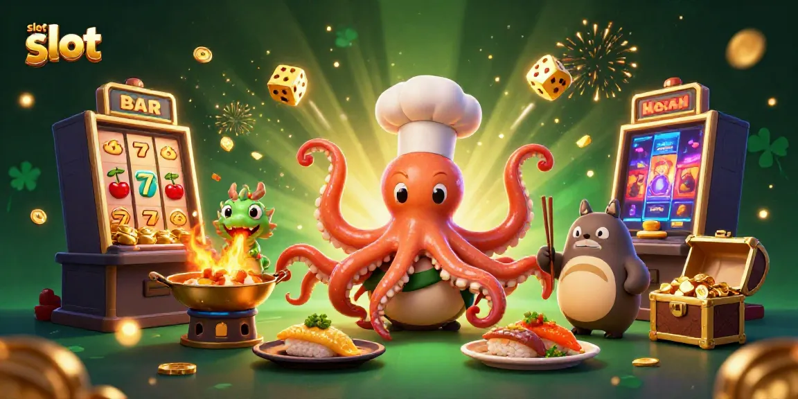 Experience slot gacor magic with cartoon octopus, dragon, and tanuki in a vibrant casino explosion.