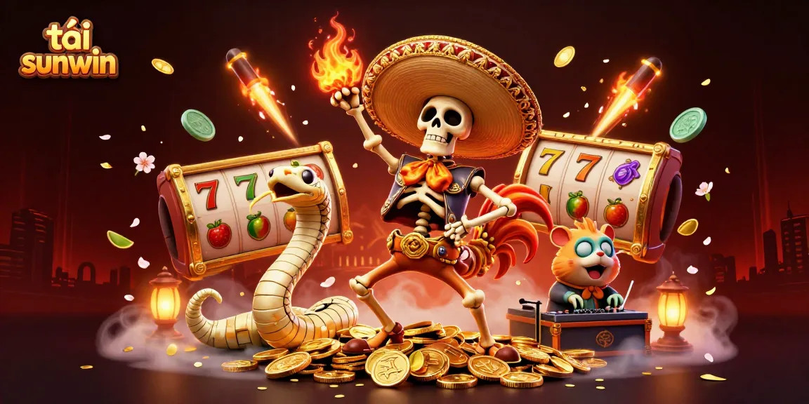 Engage in exhilarating gameplay with tải sunwin, featuring a vibrant scene of 3D characters celebrating around winning slots.