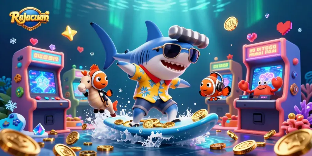 Rajacuan showcases a vibrant underwater scene with characters, arcade games, and gold coins, embodying gaming excitement.