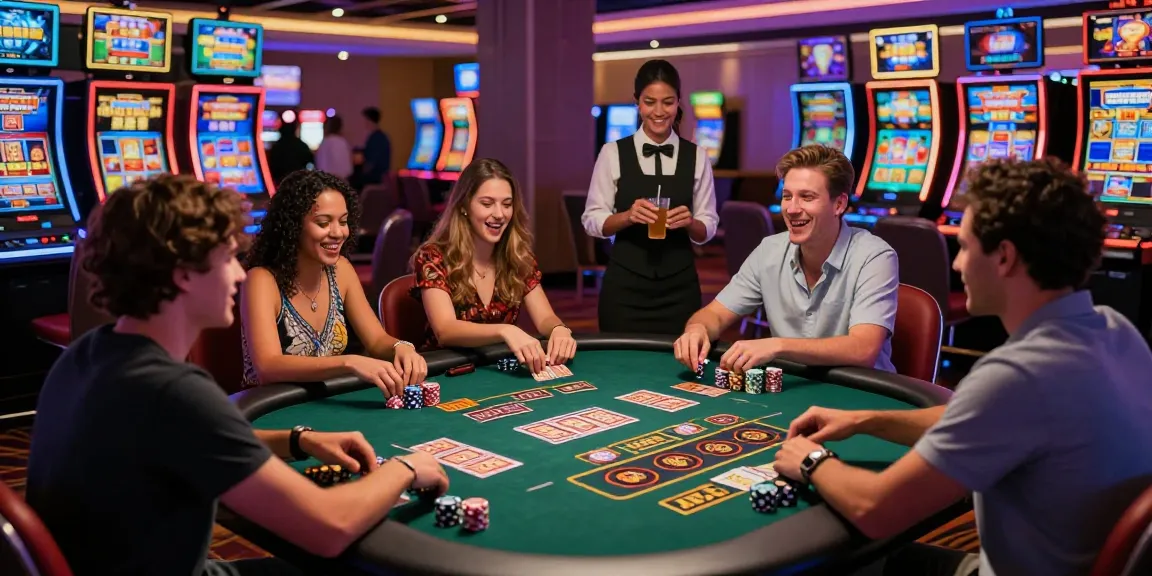Friends enjoying a lively casino atmosphere while playing dewa slot at a gaming table, vibrant lights and excitement all around.