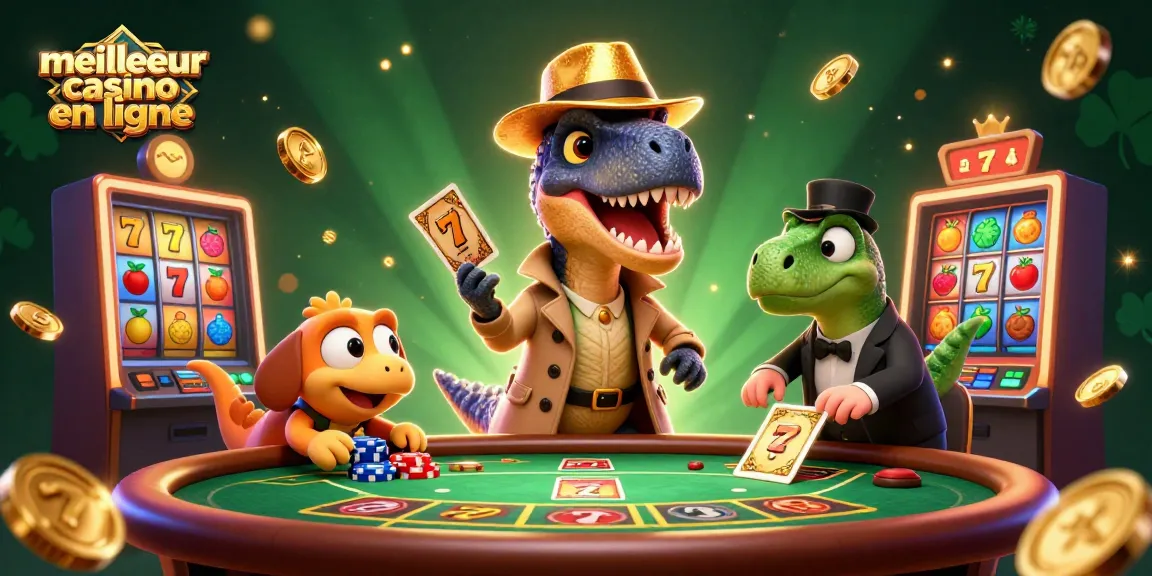 Gagnez des récompenses avec le meilleur casino en ligne, illustrant un velociraptor et ses compagnons au blackjack.