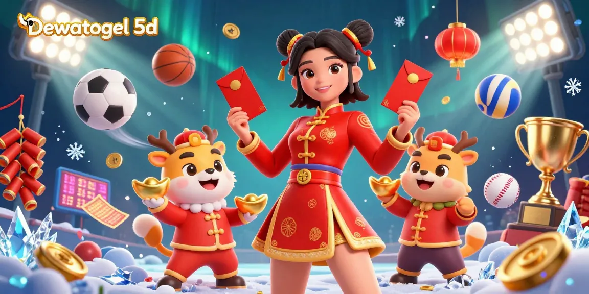 Bet on Dewatogel 5d with dynamic elements in this vibrant 3D illustration of animated characters amidst floating sports and casino items.