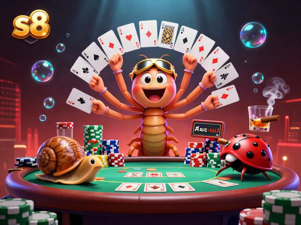 Experience the thrill of s8 poker with a playful millipede dealer fanning cards at a colorful casino table.