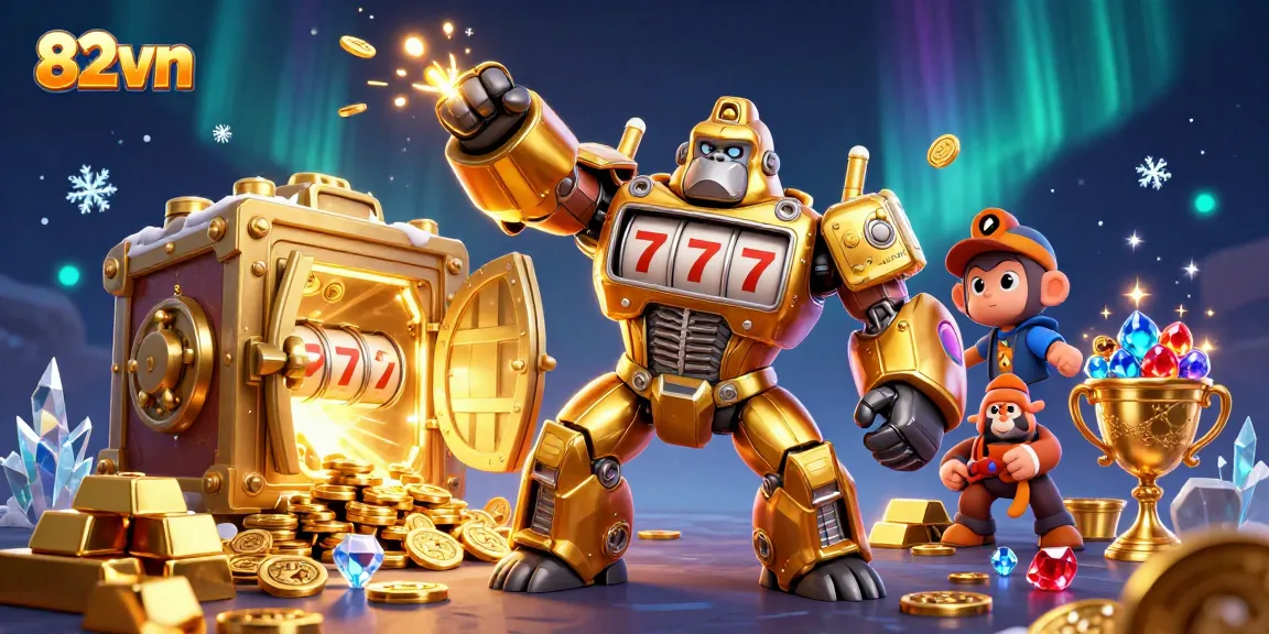 Experience thrilling wins at 82vn with an exciting visualization of a golden gorilla mech and treasures.