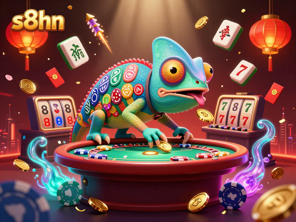 S8HN chameleon casino owner captures golden coins, surrounded by vibrant casino elements.