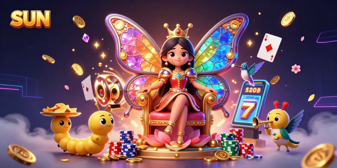 Experience sun-inspired casino excitement with vibrant illustrations of a butterfly queen, chips, and delightful game elements.