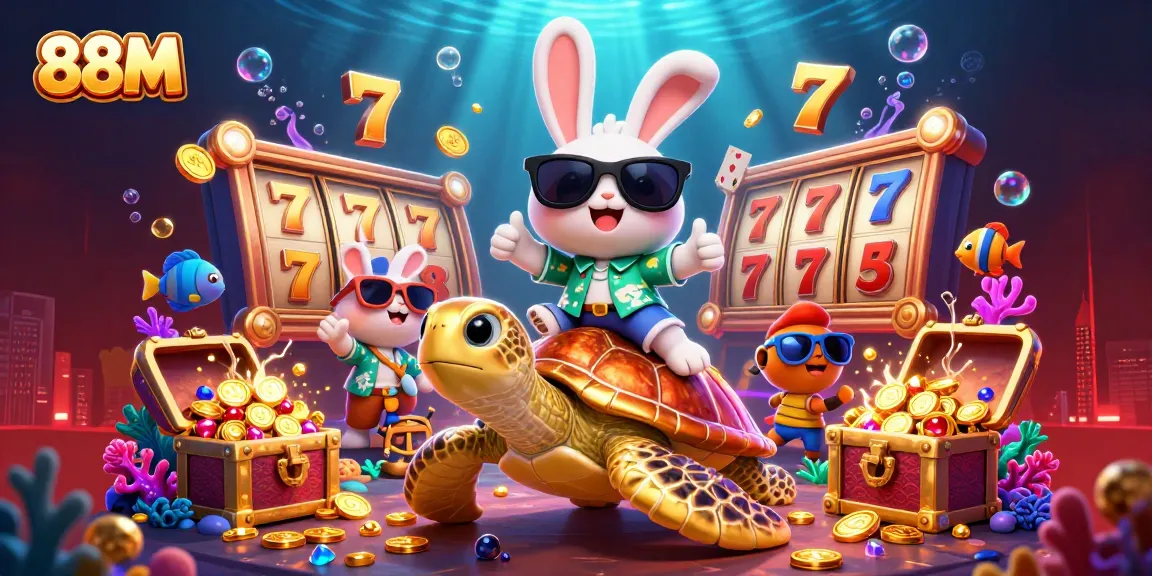 88M lucky rabbit celebrates wins on a golden sea turtle amidst vibrant casino elements and underwater treasures.