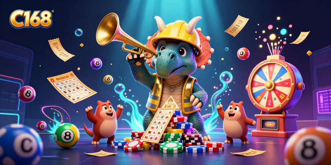 C168 brings excitement as tiny dinosaurs celebrate with lottery elements, showcasing vibrant gambling fun.