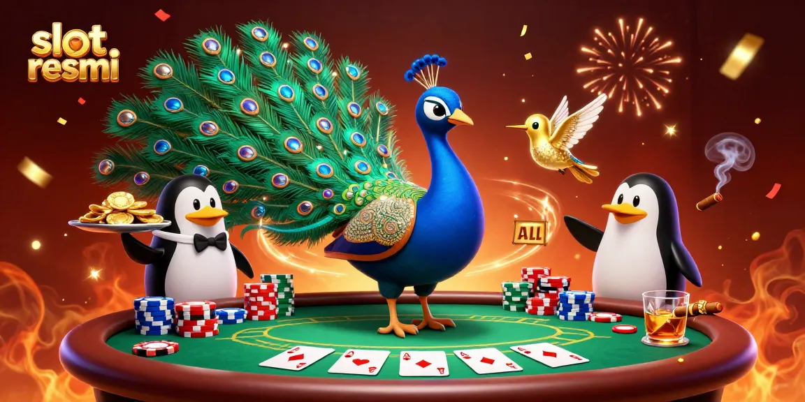 Engage with the slot resmi excitement through this colorful 3D casino scene showcasing gem-feathered characters interacting with vibrant casino elements.
