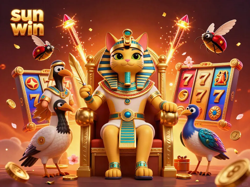 Experience the excitement of sun win with a vibrant illustration of a pharaoh cat, jewels, and slot reels.