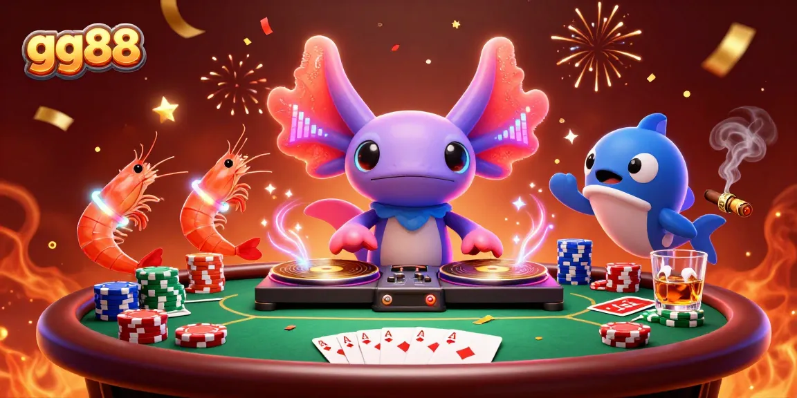 Join the vibrant gg88 casino scene featuring a neon axolotl DJ and festive poker elements.