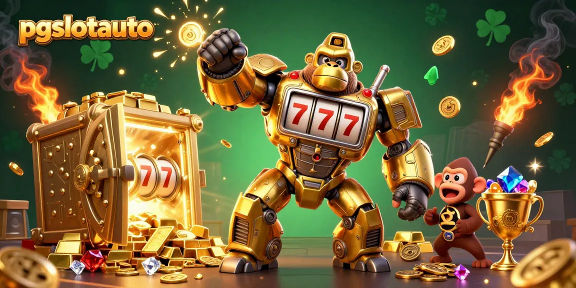 Experience thrilling pgslotauto gameplay with a golden gorilla mech amidst treasures.