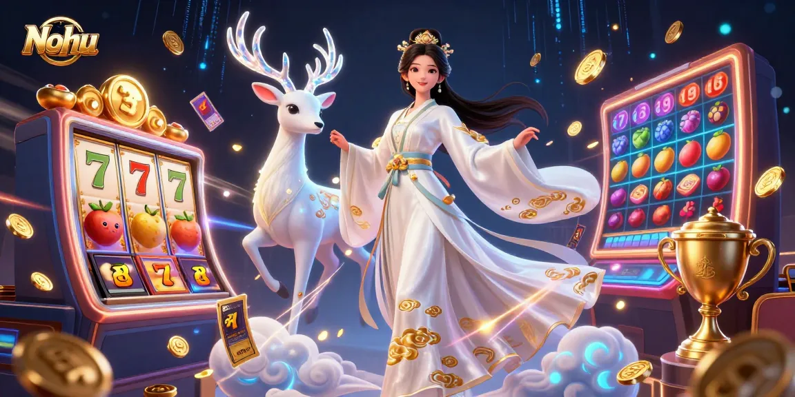 Nohu showcases vibrant slot gameplay with a beautiful Asian woman, celestial deer, and dynamic game elements.
