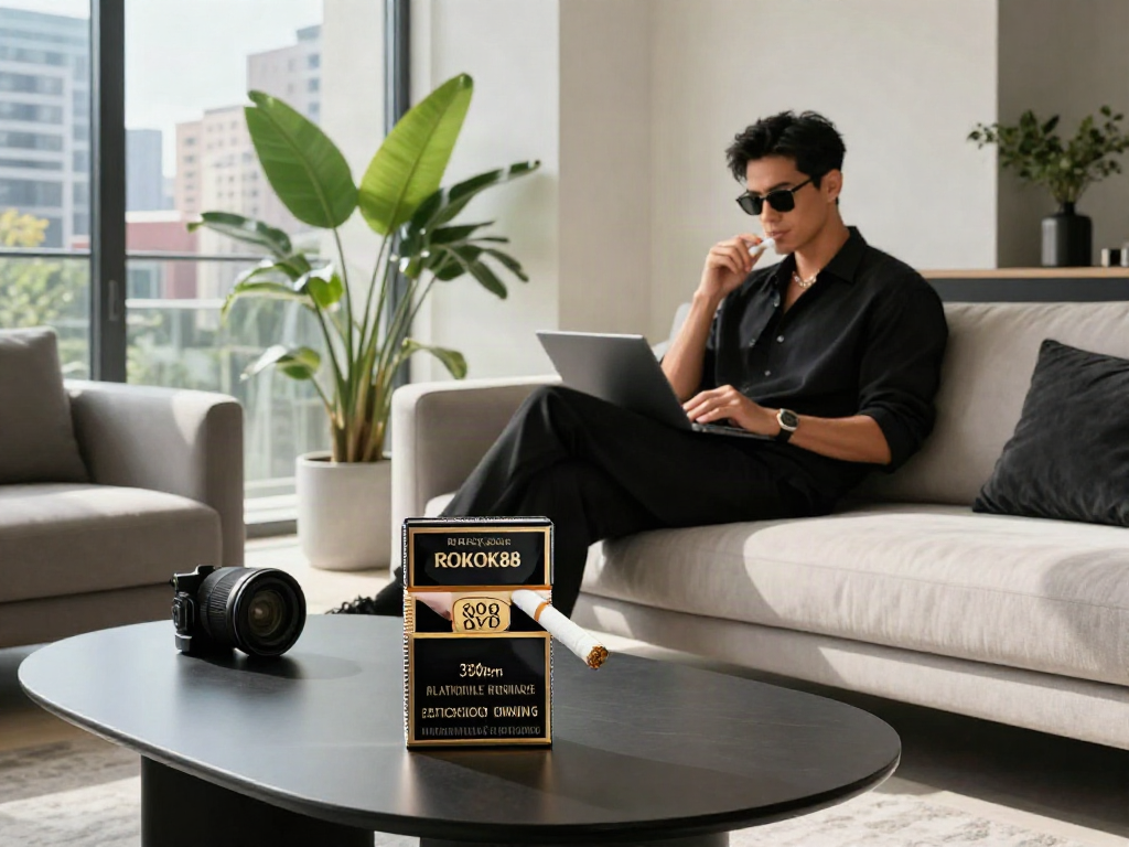 Stylish individual enjoying ROKOK88 cigarettes in a luxurious urban setting.
