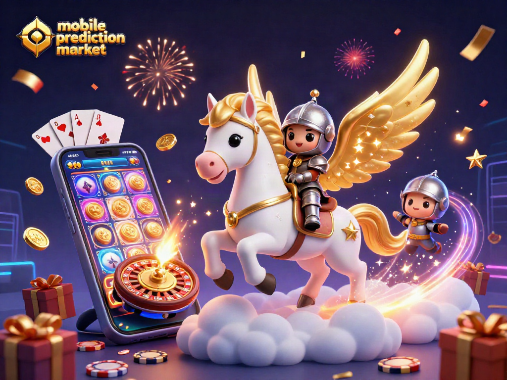 A lively scene showcasing the mobile prediction market with dynamic slot games and festive elements.