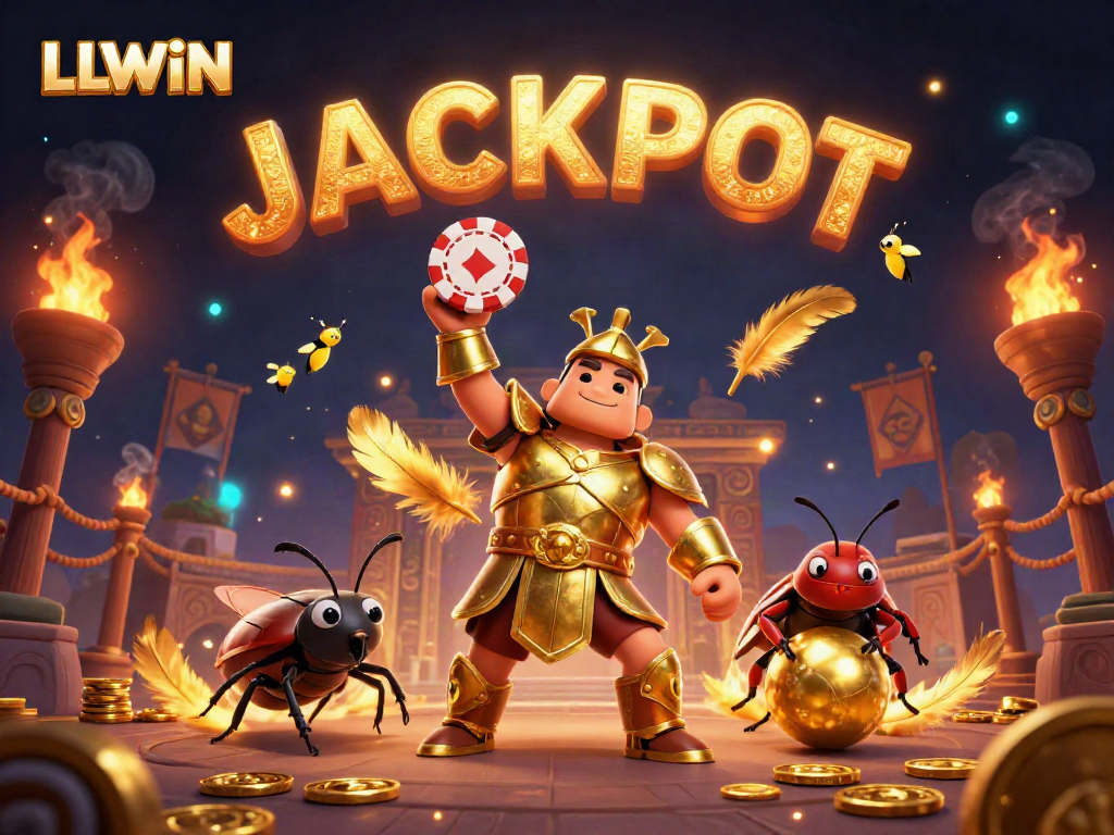 LLWIN presents a vibrant jackpot celebration scene featuring a hercules beetle in golden armor, symbolizing triumph in online gambling.