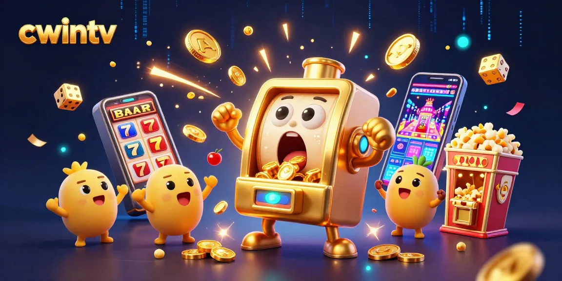 cwintv celebrates with a golden slot machine hitting a jackpot, coins pouring out amidst a vibrant casino scene.