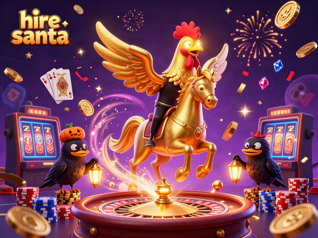 Engage with the festive spirit as you hire Santa in a vibrant, animated casino scene filled with dazzling elements.