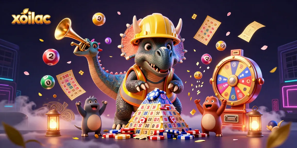 Experience thrilling wins with xoilac as a vibrant triceratops builds a poker chip pyramid.