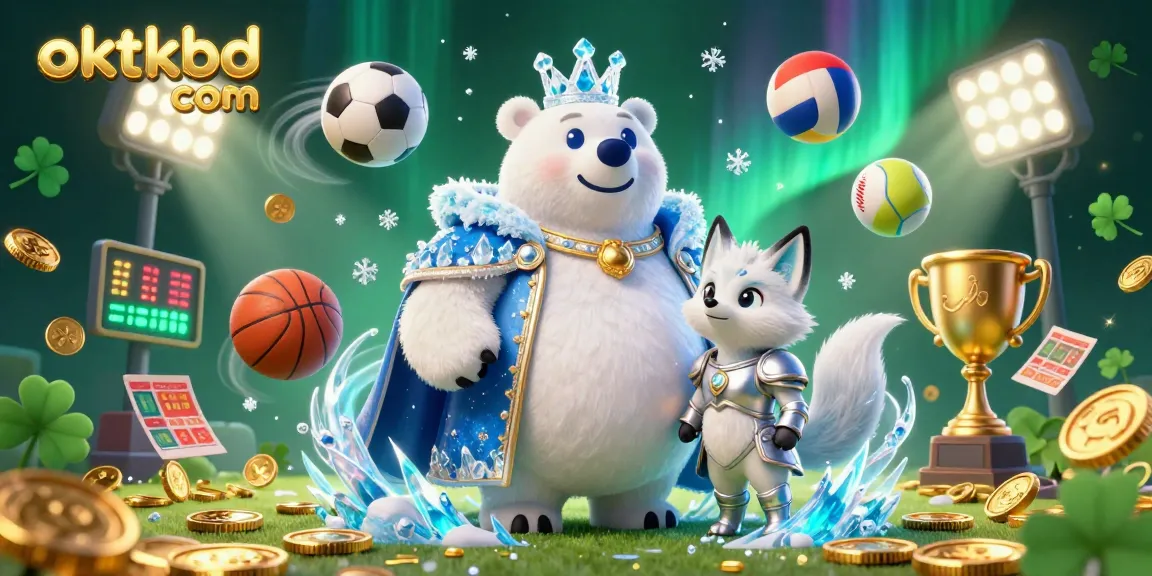 Engage with oktkbd com in this vibrant 3D scene featuring an ice king polar bear and sports elements.