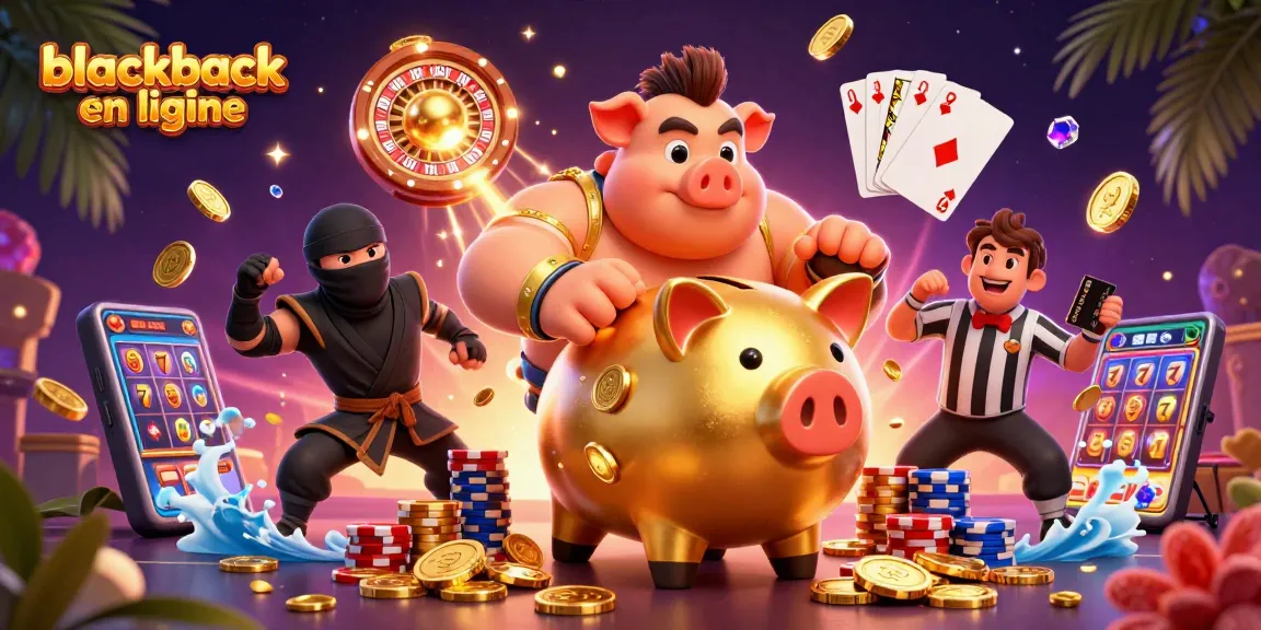 Actionner un blackjack en ligne avec des personnages colorés et des éléments de casino mis en avant pour un plaisir de jeu.