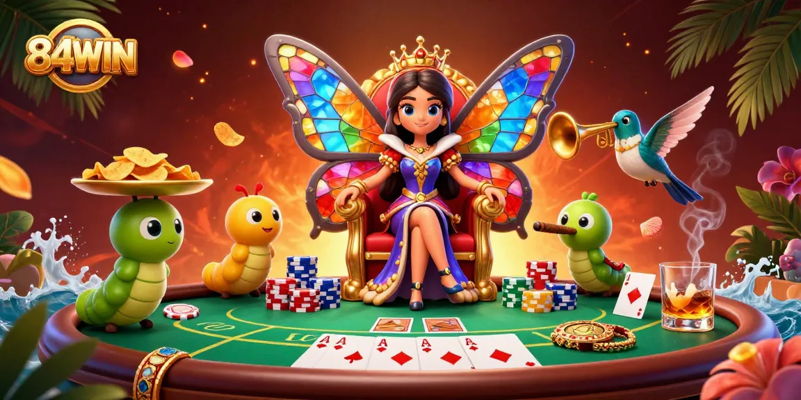 Experience the vibrant world of 84WIN with a butterfly queen amid poker elements, illuminating your betting journey!
