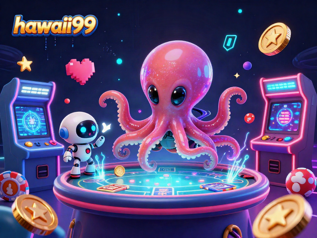 Engage with hawaii99 at this vibrant cosmic casino scene featuring an alien octopus.