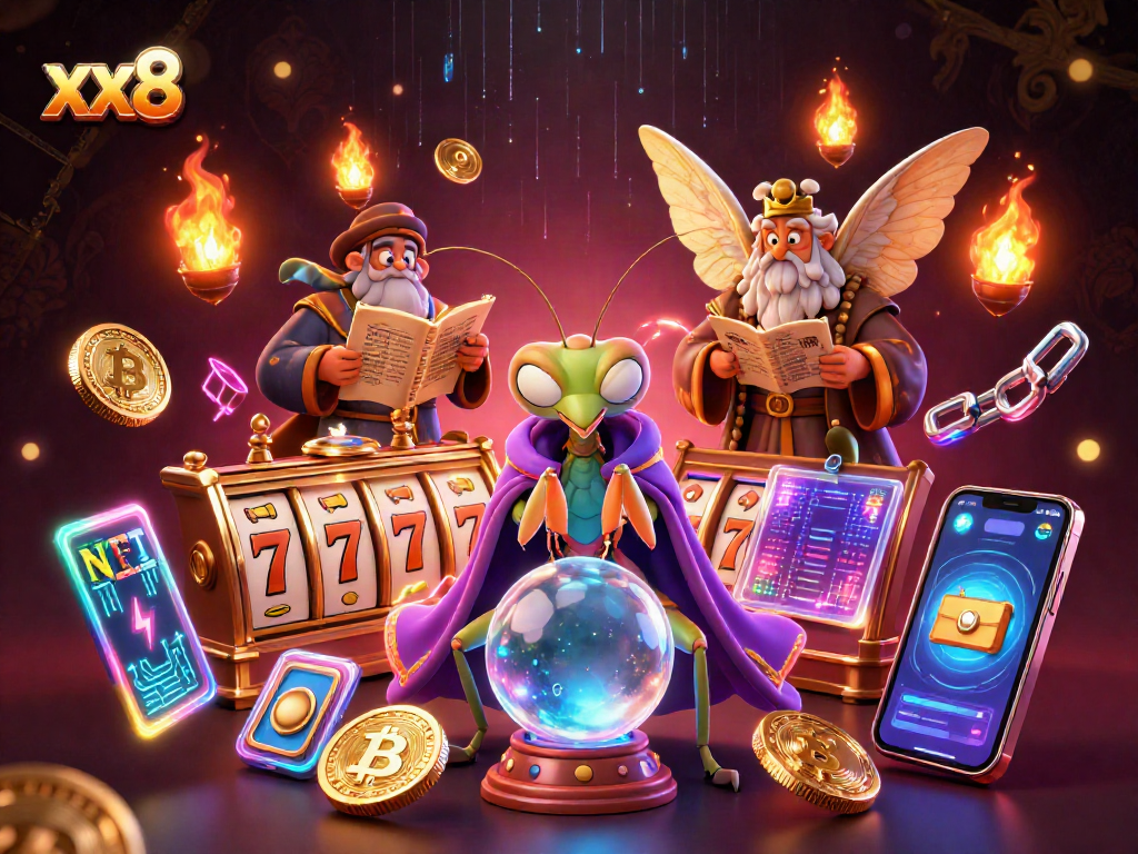 Gamble with xx8: A vibrant 3D illustration depicting fortune teller and moth librarian amid slot reels and glowing cryptocurrency coins
