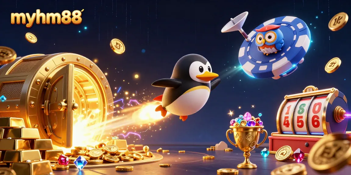 Experience thrilling gameplay at myhm88 with a dynamic 3D illustration of casino excitement.