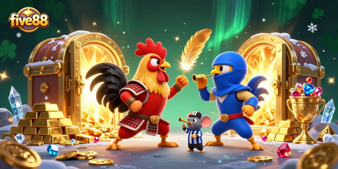 Experience intense gameplay with five88, featuring cartoon fighting roosters and a treasure vault.