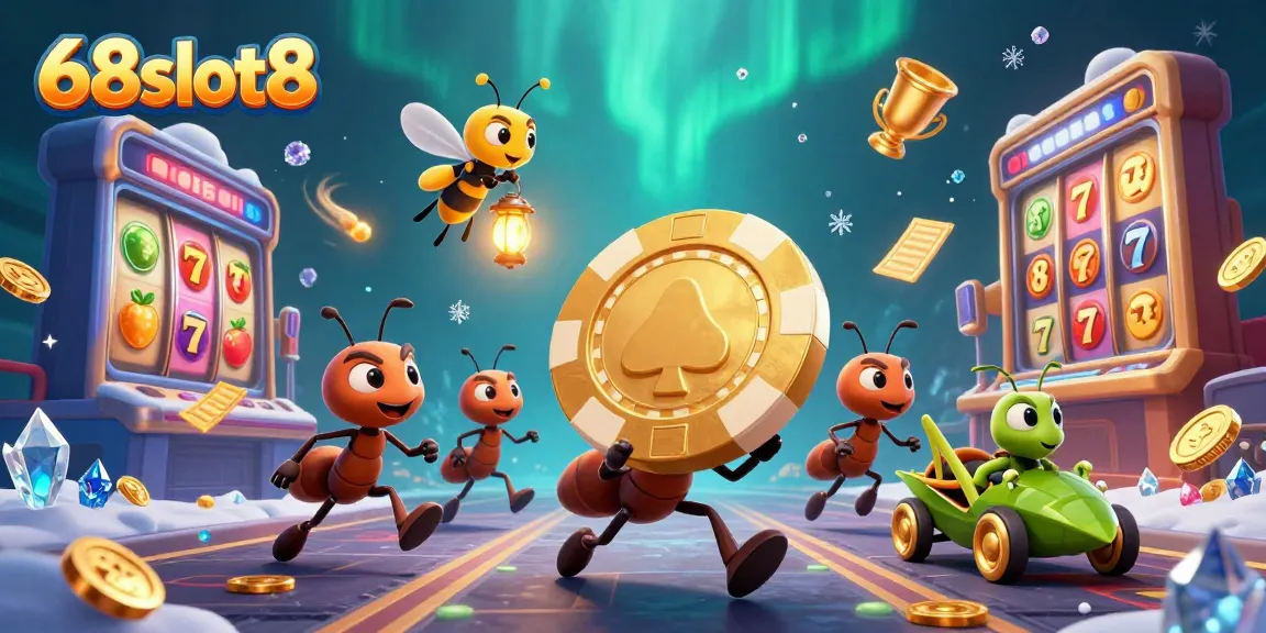 Experience an exciting heist in the vibrant world of 68slot8 with adventurous ants carrying a giant poker chip.