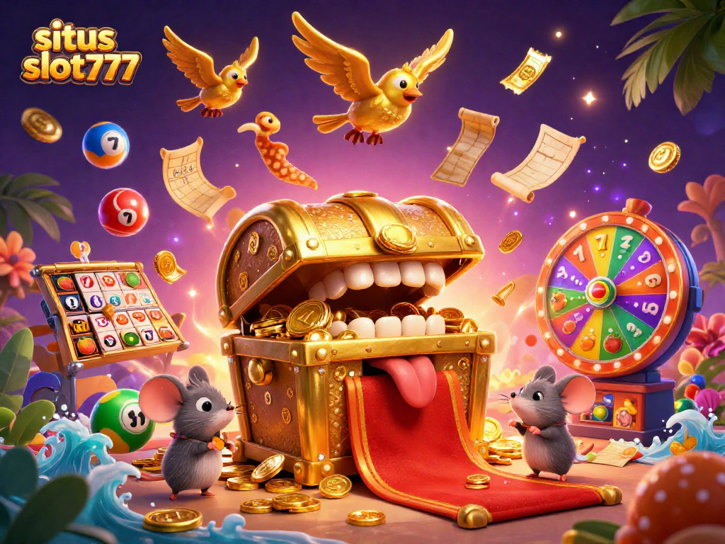 Spin to win with situs slot777, featuring a treasure chest and dynamic game elements.