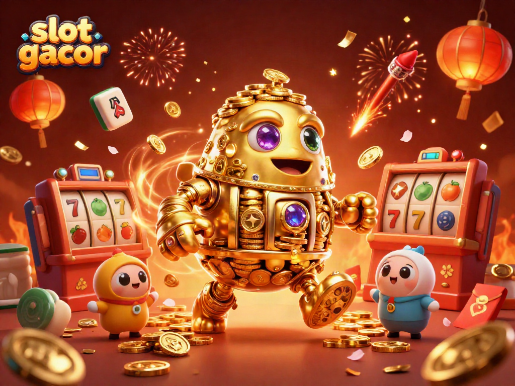 Experience thrilling wins with slot gacor as golden golems and vibrant game elements come alive in this energetic casino scene.