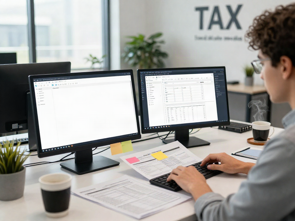 Expert tax preparer using tax software for multiple locations in a modern office.