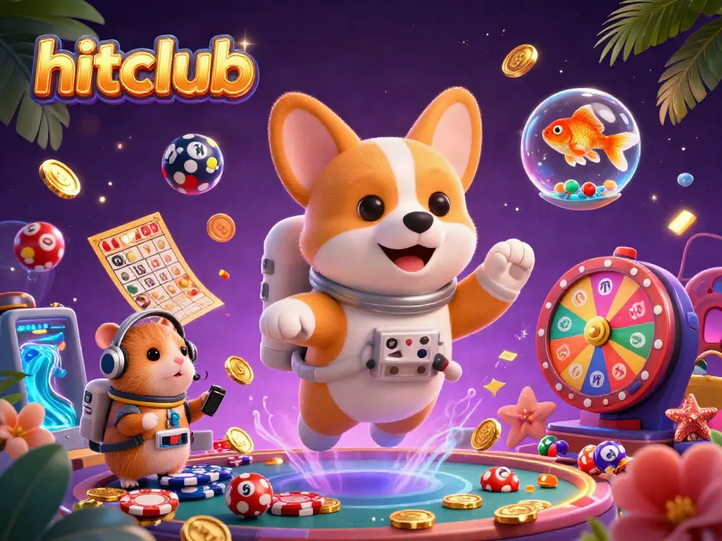 Engage with hitclub's vibrant casino atmosphere, featuring animated characters and floating prizes in an immersive environment.