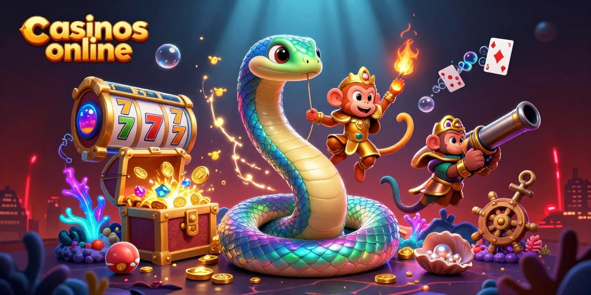 Explora casinos online jugando en una ilustración vibrante de serpiente mágica y tesoros
