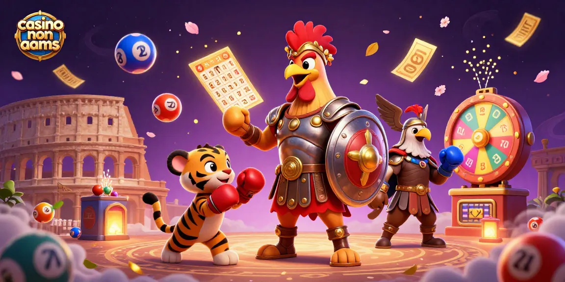 Scopri l'emozione dei giochi nei casinò non AAMS con un gallo gladiatore e palline della lotteria colorate.