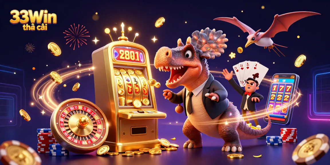 33Win nhà cái illustration featuring casino adventures with dinosaurs and golden jackpots.