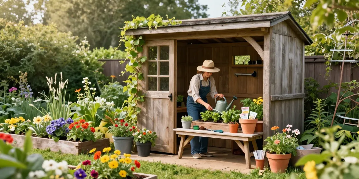Wooden garden potting shed surrounded by blooming plants and gardening tools in a sunny backyard.